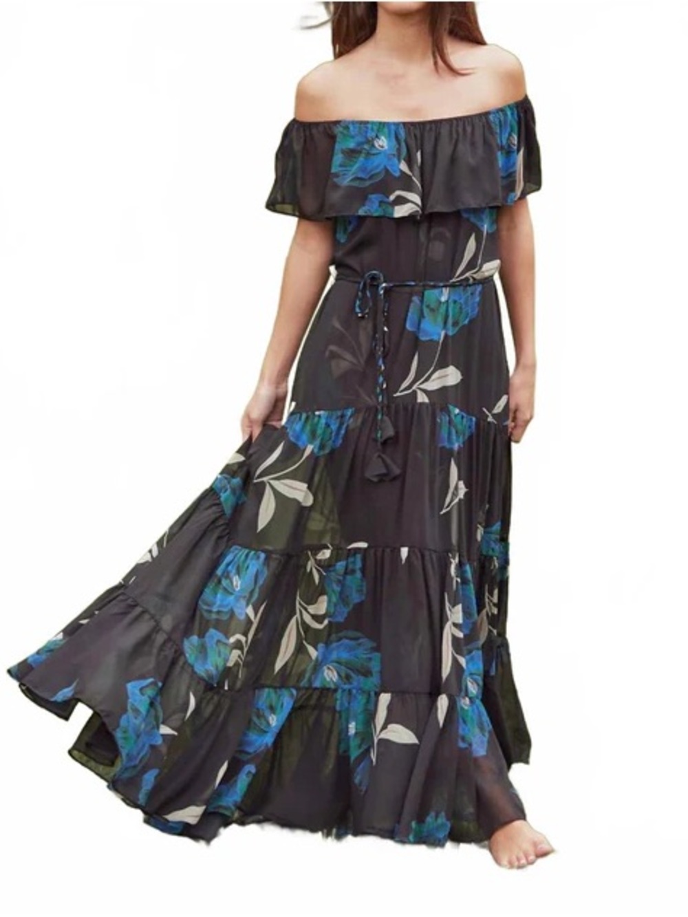 NWT Misa Los Angeles Estelle Black Floral Ruffle Maxi Dress Size Large